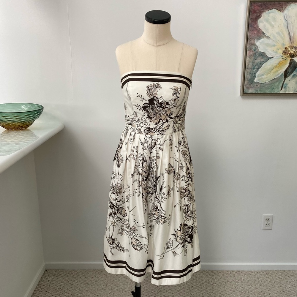 Ann Taylor Cream Satin Floral Strapless Dress